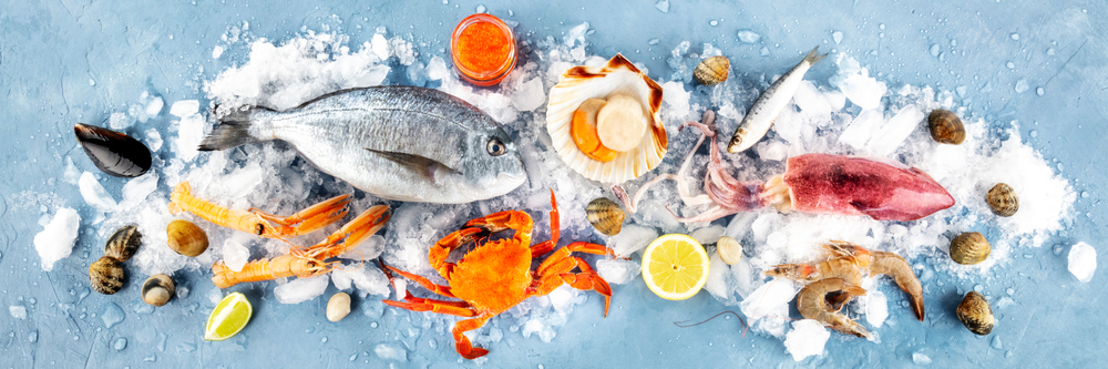 Fish,And,Seafood,Overhead,Panoramic,Shot.,Sea,Bream,,Scallop,,Crab,